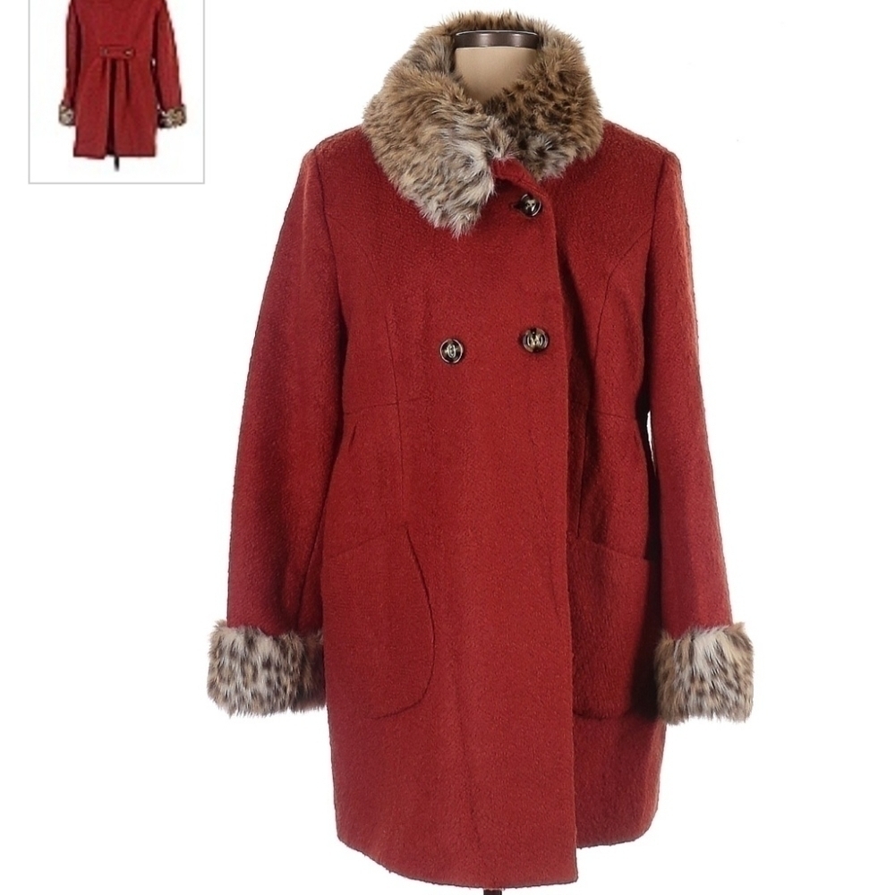 Apt 9 Wool Blend Rust Pea Coat Faux Fur Trim Women's 1X Plus Size Elegant EUC